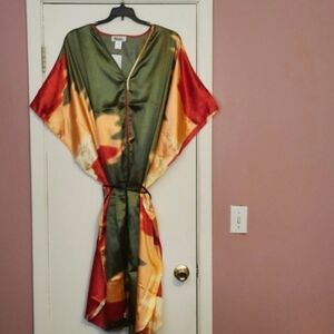 Brand New Silky Tie-Dye Maxi Kimono Caftan in Olive, Rust & Gold